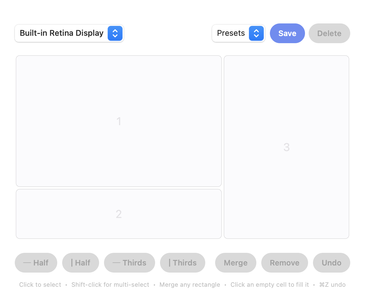 The Screen Divider layout editor showing a custom grid: a large main zone, a bottom zone, and a tall right sidebar zone