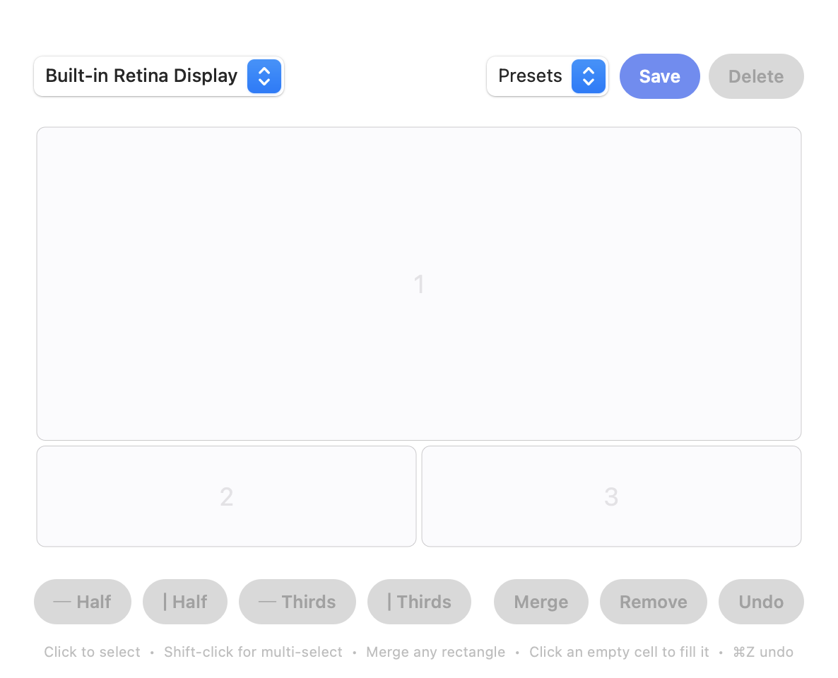 Screen Divider’s layout editor with cells merged into one large zone on top and two zones below