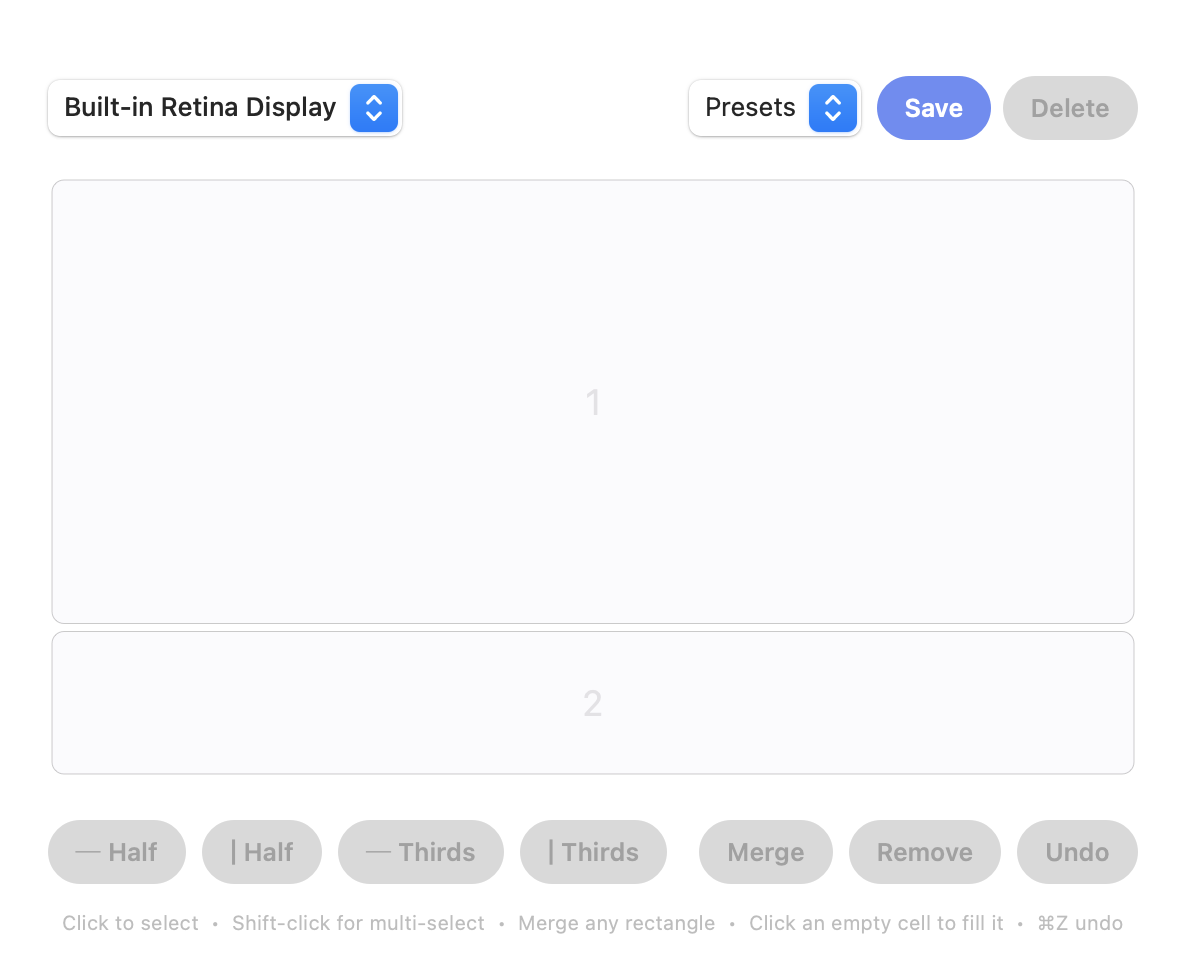 Building a layout in the Screen Divider editor: split the screen, select two zones, and merge them into a single top three-quarters zone